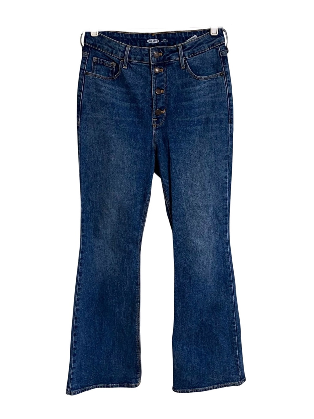 Old Navy extra high rise flare denim blue jeans button up front size 10